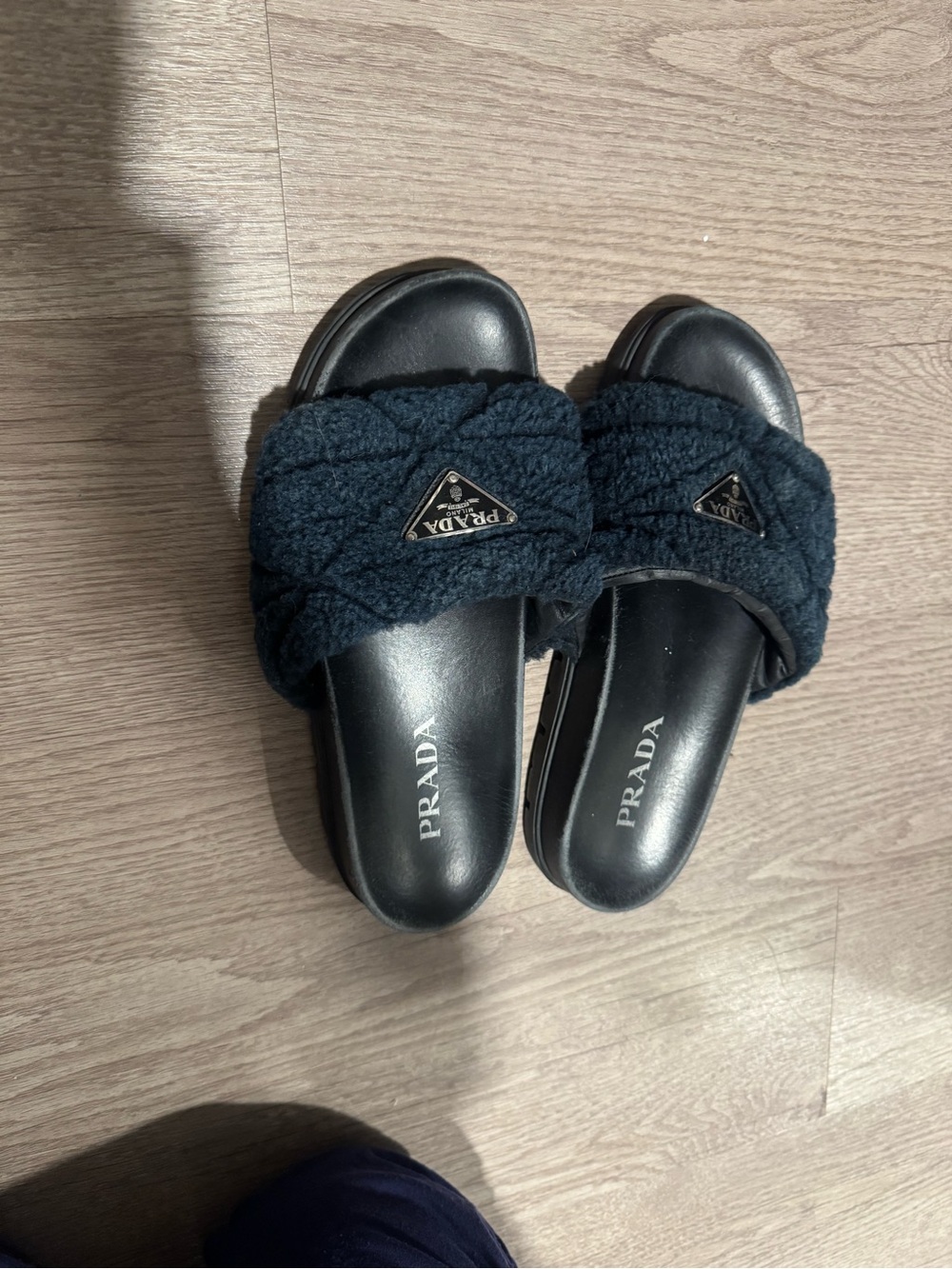 Prada Black Quilted Shearling Slide Mules